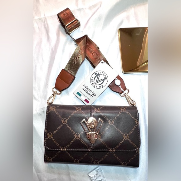 Valentino Orlandi Crossbody Clutch Brown & Gold Hardware, Turn Lock Guitar Strap - Picture 15 of 16